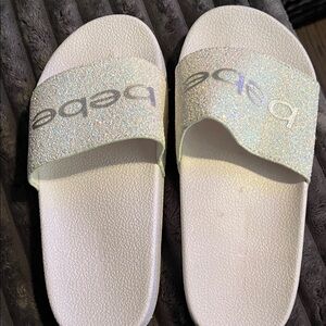bebe Glitter Slide Sandals - White and Silver